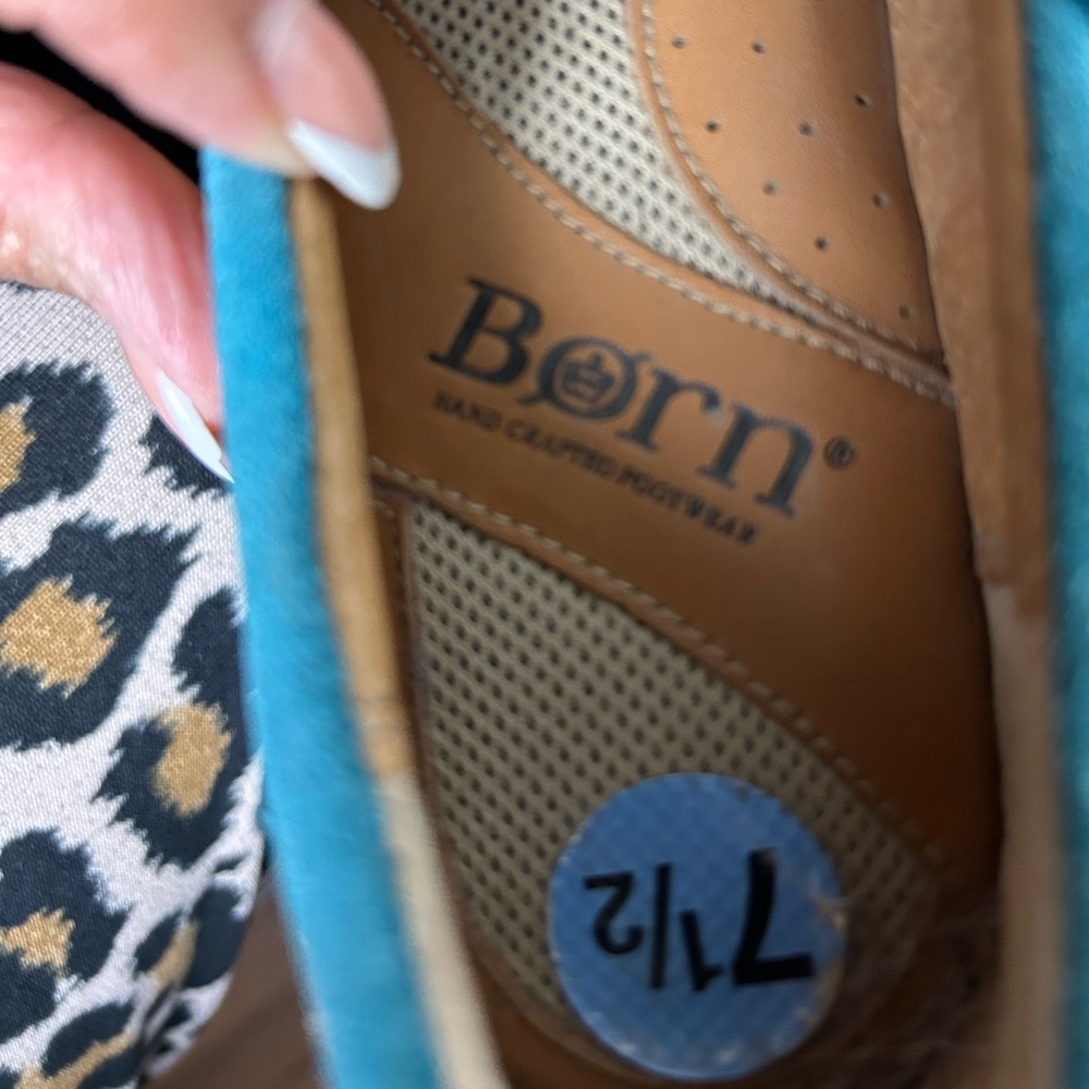 Born Teal Suede Mary Jane Flats with Tan Leather Accents - Picture 8 of 9